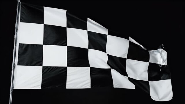 A black and white checkered flag waves against a solid black background
