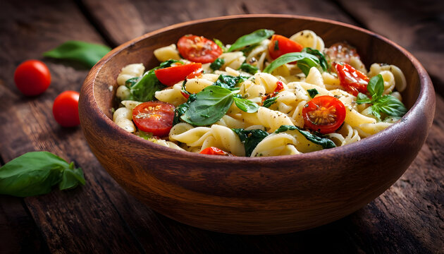 Delicious pasta salad dish with fresh ingredients. It contains cherry tomatoes spinach and basil leaves. The meal is served in wooden bowl on wooden surface. Pasta dish is perfect lunch