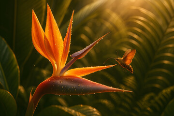 Naklejka premium Hummingbird moth approaches vibrant Bird of Paradise flower with glistening dewdrops in tropical morning light