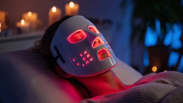 A woman receives a light therapy treatment while lying down in a softly lit room with candles nearby