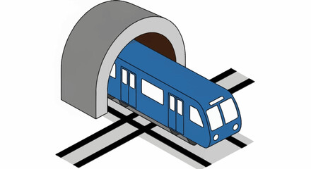 Blue train emerging from concrete tunnel on tracks. © Kaca