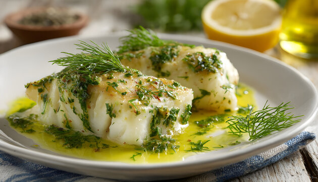 Delicious baked haddock fillets with a vibrant lemon dill sauce on a white plate. Gourmet meal presented for culinary delight in a restaurant or at home setting.