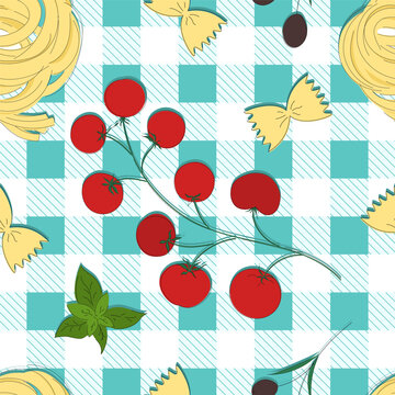 Seamless pattern with Italian food: pasta, tomatoes, olives and basil
