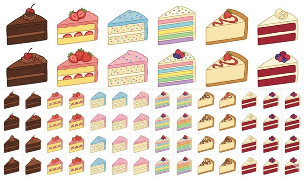 Colorful cake slice vector set with sweet dessert pieces in flat cartoon style isolated on white