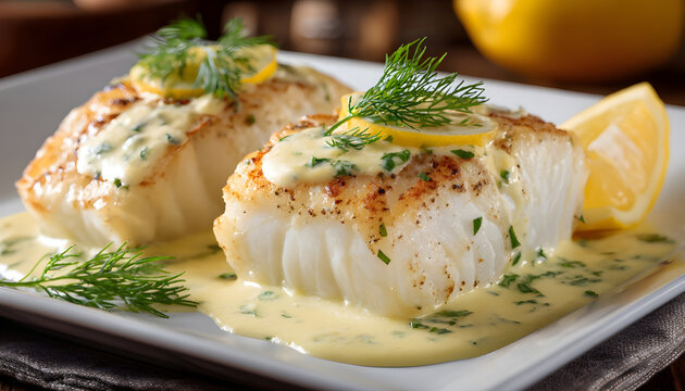 Delicious baked haddock fillets with a vibrant lemon dill sauce on a white plate. Gourmet meal presented for culinary delight in a restaurant or at home setting.