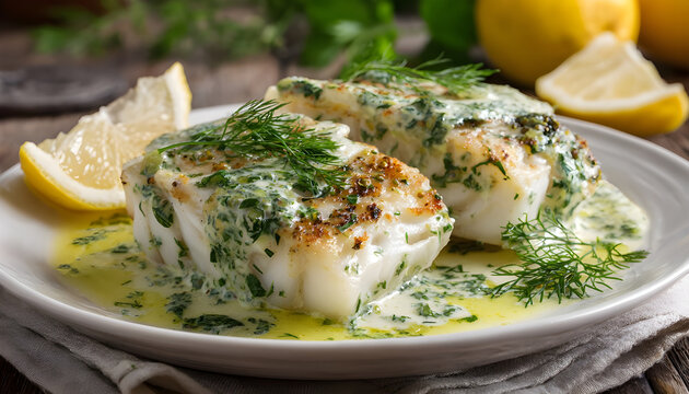 Delicious baked haddock fillets with a vibrant lemon dill sauce on a white plate. Gourmet meal presented for culinary delight in a restaurant or at home setting.