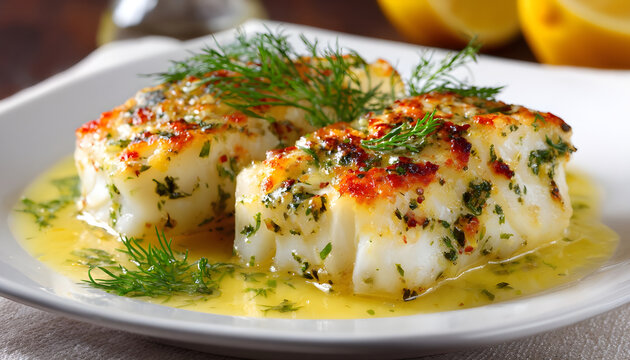 Delicious baked haddock fillets with a vibrant lemon dill sauce on a white plate. Gourmet meal presented for culinary delight in a restaurant or at home setting.
