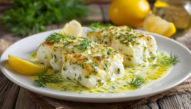 Delicious baked haddock fillets with a vibrant lemon dill sauce on a white plate. Gourmet meal presented for culinary delight in a restaurant or at home setting.