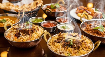 Obraz premium Steaming aromatic Indian dishes served in traditional metal bowls, a feast for the senses.