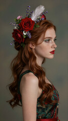 Fototapeta premium Woman with Floral Hairstyle Portrait