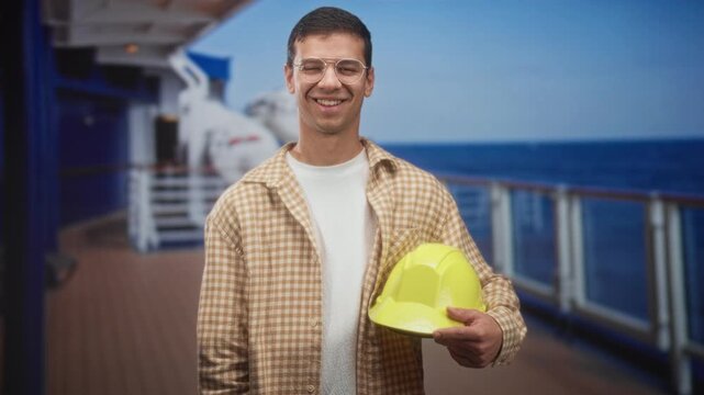 Man builder holding yellow hardhat, hand gripping helmet on ship deck; maritime work confidence crew.