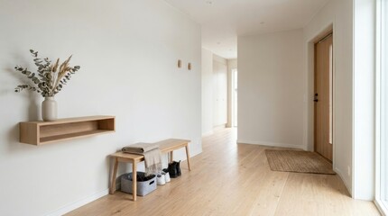 Fototapeta premium Minimalist Modern Hallway Interior With Light Wood Floor And Neutral Walls Showcasing Entryway Furniture And Storage