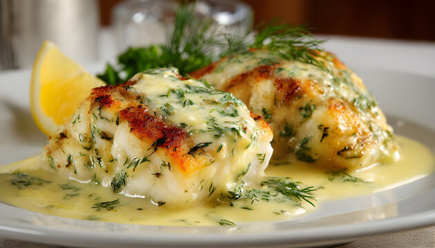Delicious baked haddock fillets with a vibrant lemon dill sauce on a white plate. Gourmet meal presented for culinary delight in a restaurant or at home setting.