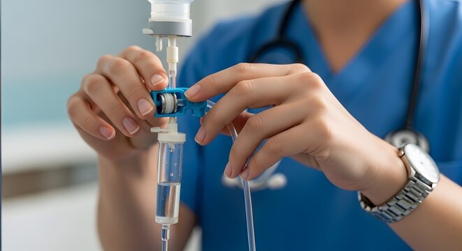 Medical professional preparing medication with a syringe in a clinical setting with focus on healthcare and precision