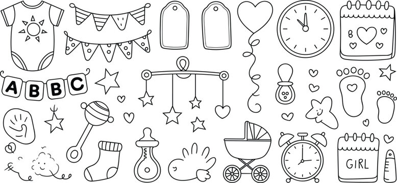 Baby Shower Doodle Elements Collection With Clothing Toys And Accessories vector illustration