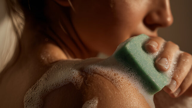 Woman Exfoliating Shoulder with Sponge and Soap Foam Body Care Skincare Routine in Shower Close Up