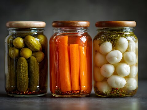 Three jars of pickled vegetables and pickles on a gray surface