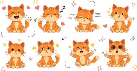 Obraz premium Cute cat emotions icons set with happy sad angry sleepy playful expressions cartoon kitten and pet illustration collection