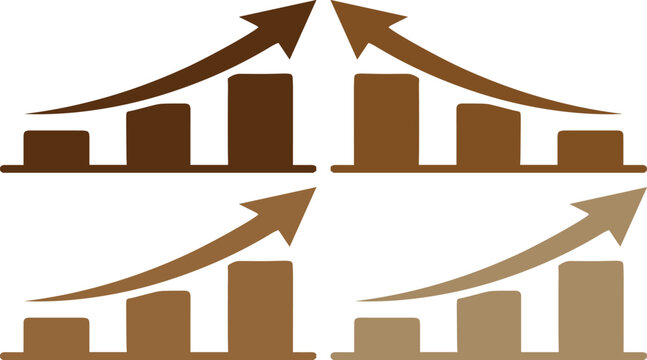 Gr&aacute;ficos de barras con flechas de crecimiento, conjunto de iconos financieros en tonos marrones, diagramas de &eacute;xito empresarial y progreso econ&oacute;mico