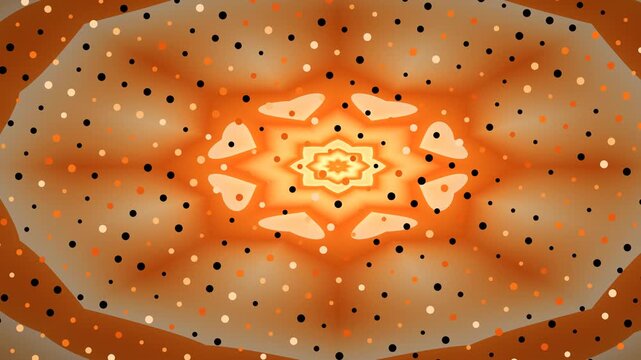 A warm, abstract composition features a starburst center, dotted pattern, and organic shapes