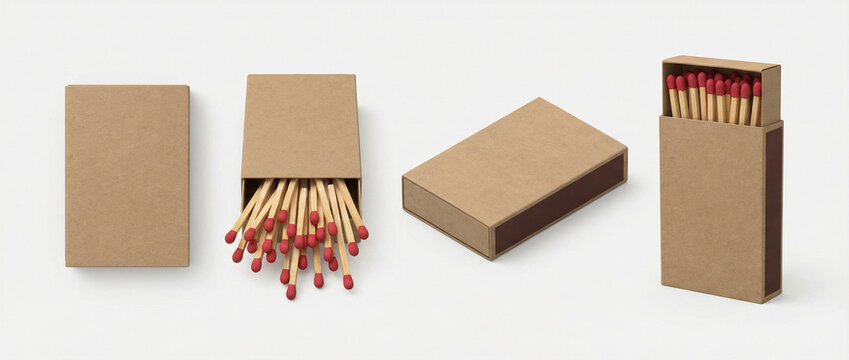  Set of blank craft matchbox mockups from different angles isolated on white background