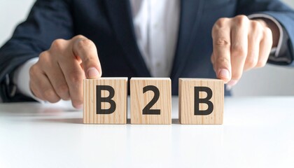 Obraz premium Business to Business Concept Represented by Wooden Blocks and Hands Indicating Partnership and Strategy.