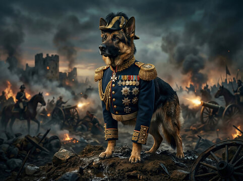 German Shepherd Dog in Military General Uniform Standing on Battlefield Cinematic Digital Art
