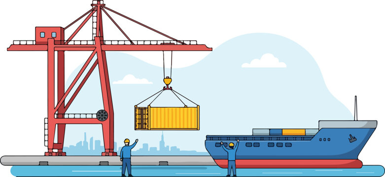 Container ship loading operation at port with crane lifting cargo container and dockworkers supervising