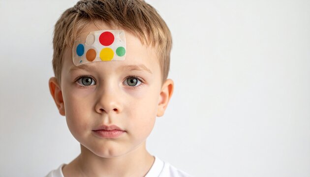 Young Boy with Temperature Monitoring Patch on Forehead Health and Wellness Concept for Children Medical Care.