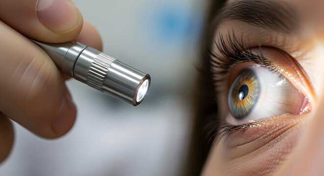 Close up of an eye examination with an ophthalmoscope in a medical setting for vision testing and diagnosis