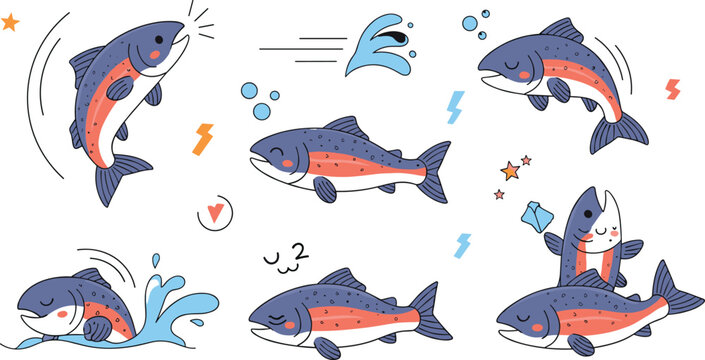 Cute salmon fish characters collection with jumping swimming playful aquatic animals cartoon seafood and marine illustration set