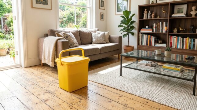 Bright yellow lidded bin placed deliberately on a wooden floor in a sunlit living room with sofa and bookshelf