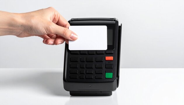 Close up shot of card payment processing person paying with credit or debit card using a card reader machine.