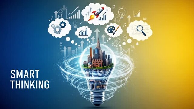 Creative business concept with light bulb and cityscape inside, surrounded by thought bubbles with business and technology icons on a gradient background