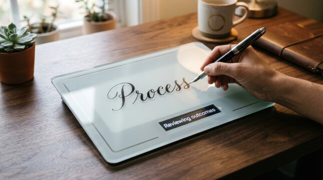 Elegant cursive word 'Process' being written by hand on a bright surface with 'Reviewing outcomes' label on a wooden desk, implying business strategy and planning.