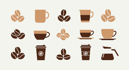 Obraz premium Assortment of coffee cups, roasted beans, and takeaway containers in a flat design on a light beige background.