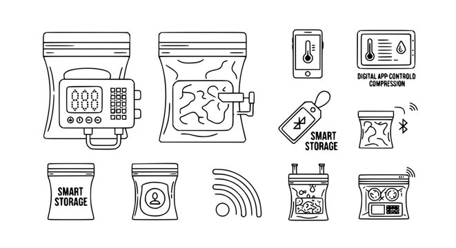 Smart vacuum bags IoT icons with app control sensors bluetooth tracking and temperature monitoring vector