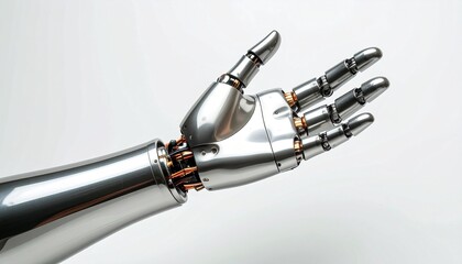 Fototapeta premium Robotic Hand Close Up with Metal Finish Artificial Limb Technology Concept for Bionic Future Development and Innovation.