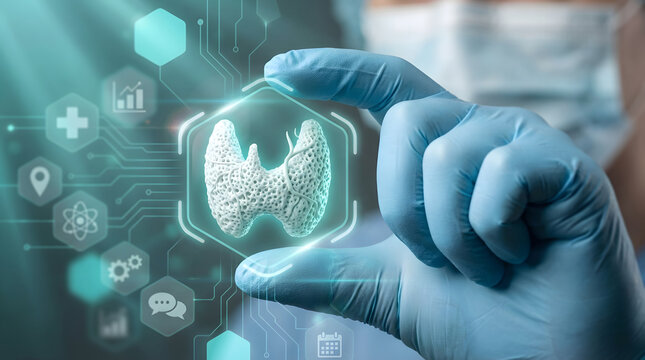 Medical professional holding a holographic thyroid gland model, representing endocrine health analysis in a futuristic clinical laboratory environment