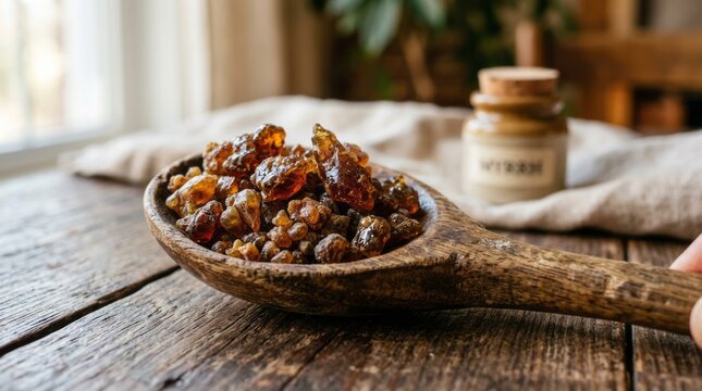 Fragrant natural myrrh resin crystals held in a rustic wooden spoon, ready for use.