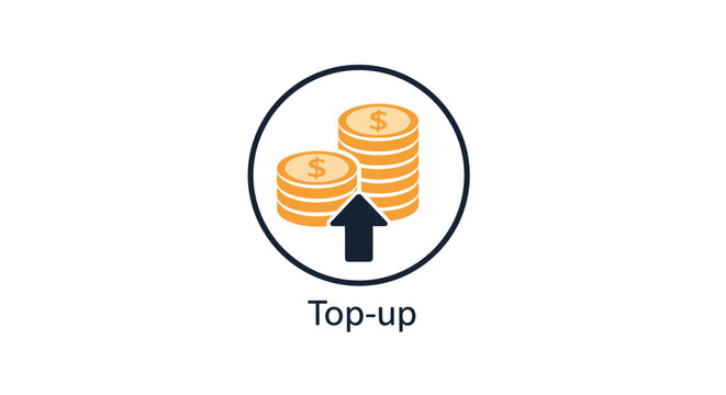 Illustrative icon depicting an upward arrow with stacked coins, symbolizing financial growth, fund replenishment, and a successful top-up of monetary value or available resources