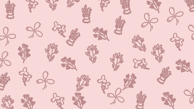 Pink background holds delicate plant sketches. Tiny pots and blossoms bloom in soft hues. Pattern repeats gently across the whole design. Perfect for nurseries or botanical branding