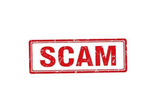 Red stamp with bold scam warning text for fraud alerts and security notices