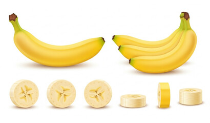 Banana Set with Whole Sliced and Bunch Fruits Realistic Vector Illustration © MSTNASIMABEGUM