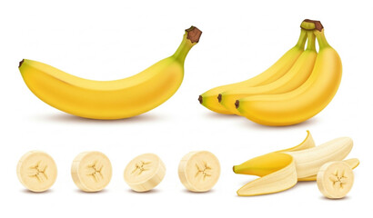 Banana Set with Whole Sliced and Bunch Fruits Realistic Vector Illustration © MSTNASIMABEGUM