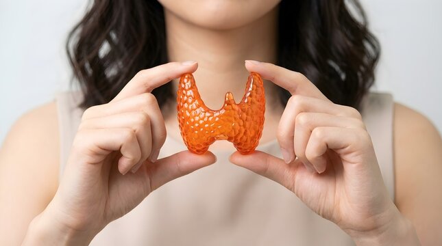 Woman holding an anatomical model of a human thyroid gland, demonstrating awareness of glandular health and metabolic function against a white background