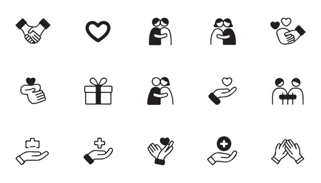 Love and support icons set relationship handshake couple heart giving helping hand gift gesture connection caring togetherness.