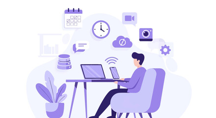 Fototapeta premium Woman sitting at desk with laptop.