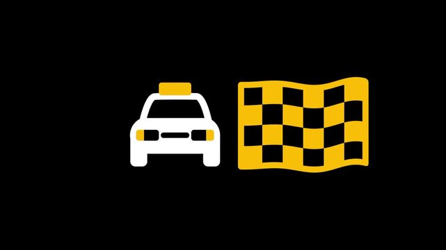 A yellow taxi cab icon sits next to a checkered flag emblem against a black background which represents a rapid and professional transport service
