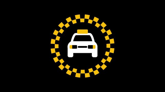 A white car icon is centered inside a decorative circular border of yellow and black checkers placed on a dark background to create a logo feel